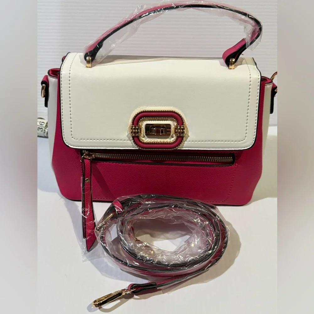 NWT Elegant Pink and White Spacious Handbag - Includes Crossbody Strap